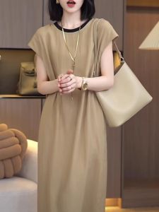 Summer New Loose Meat Covering Short Sleeve Lightweight Khaki Straight Tube Dress Slimming Fitting Age Reducing Korean Style