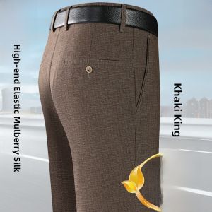 Business Casual Silk Mens Pants Straight Leg Non-Ironed Summer Spring Loose Fit Formal Trousers High Waist Long Pants