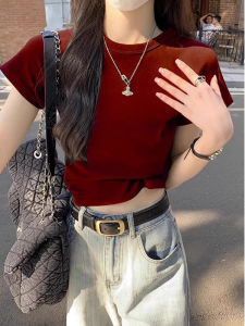 เสื้อยืดแขนสั้นทรงสลิมฟิตสำหรับผู้หญิงในช่วงฤดูร้อน เสื้อเชิ้ตเข้ารูปเนื้อบาง ลายพิมพ์สีพื้น สำหรับผู้หญิงวัย 18-35 ปี