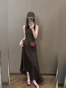 NIUVIES | Đầm Dài Không Tay In Đốm Vintage Ôm Eo