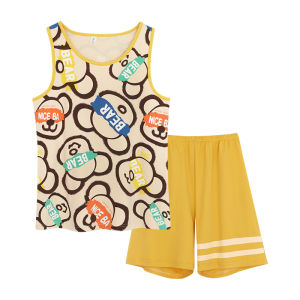 Miiow | Childrens Summer Lightweight Pure Cotton Sleepwear Short Sleeve Shorts Home Clothes Cartoon Cute Style Round Neck Suitable For Boys