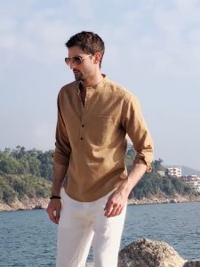 Local Delivery-Mens large collar T-shirt Short sleeve multi-color optional solid color shirt button T-shirt (cotton and linen)