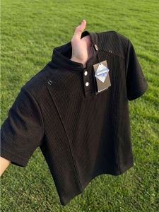 ZHUOCAN | Black Embroidery Waffle Texture Ice Silk Mens Summer Henley Polo T-shirt