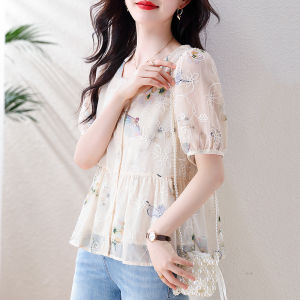 DAIXIANGFEIZI | Chic Floral Chiffon Short Sleeve Blouse Loose
