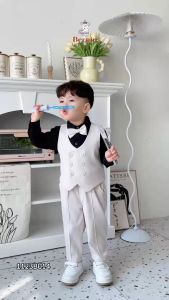 Đồ vest gile dài tay bé trai lịch lãm BERNIE áo màu đen quần dài âu kèm nơ chất liệu kaki hàn từ 9 đến 25kg 1123B014