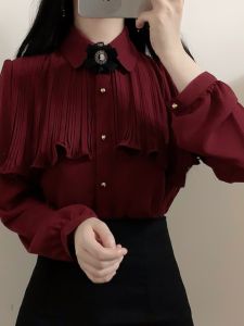 Elegant Butterfly Knot Silk Chiffon Shirt Womens Design Sensation Early Autumn New Style French Chic Dark Red Color Top