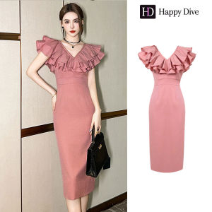 Happy Diva เดรสผู้หญิง เดรสสีชมพู เดรสคอวี เดรสปาดไหล่ เดรสทำงาน เดรสไฮโซ เดรสวินเทจ เดรสออกงาน เดรสปาร์ตี้ ชุดราตรี 30867