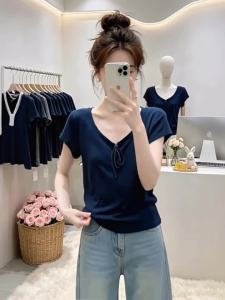Solid Color V-neck Short Sleeve Big Size Light Weight Women Tshirt