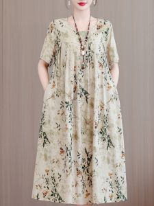 Elegant Floral Cotton Silk Dress Womens Loose Fit Outerwear Summer New Style Fashionable Mid-aged And Elderly Womens Dress
