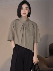 Womens High Collar Short Sleeve Shirt Loose Fit Summer New Style Casual Fashion Polyester Fiber Top Cover up Versatile Trendy