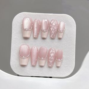 10pcs Handmade กดบนเล็บสีชมพู Aurora Mermaid SHELL ปลาดาวเล็บปลอมเคล็ดลับผู้หญิงสวมใส่ฤดูร้อนยาวรูปไข่เล็บปลอม