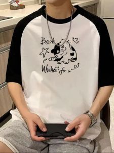 Áo Thun Nam Tay Ngắn Mùa Hè Mới Phong Cách Đường Phố Mỹ Màu Tương Phản Thiết Kế Cặp Đôi Chèn Vai Thường Ngày Cotton 100%