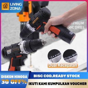 Bor Cas Murah 2 Baterai 12V Mesin Bor Listrik Dual Speed Cordless Drill Set 10mm Bor Baterai Cas Untuk Kayu Besi Tembok Beton Satu Set Lengkap 12V Bor Baterai Cas Komplit Termasuk 2 Baterai Dan Pengisi Daya Poros Fleksibel 26 Matas Drill