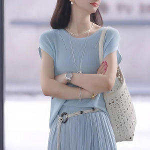 Shalldoer | Elegant Summer Outfit Womens Round Neck Knitwear High Waist Mini Skirt Two-Piece Set Chic Simple Solid Color Workwear Casual
