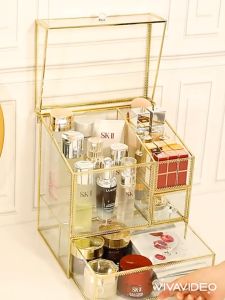 Tủ Kệ Trang Điểm Golden Viền Vàng - Kệ Mỹ Phẩm Mạ Vàng Chống Bụi - Nắp Vuông