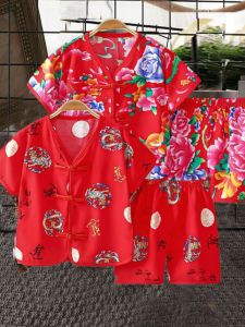 Bộ Đồ Trang Phục Trung Hoa Phong Cách Cổ Điển Cho Bé Trai Mùa Hè Bằng Vải Cotton Lanh in Hoa Ngắn Tay Quần Short Trẻ Em