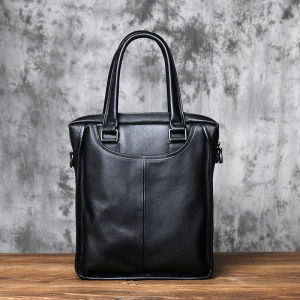 Mens Leather Business Handbag Full-grain Leather Shoulder Messenger Bag Vertical Office Computer Bag Simple Briefcase