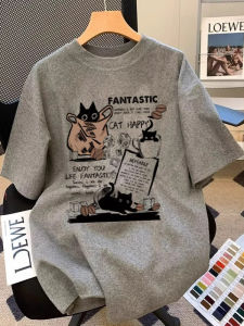 เสื้อยืดคอกลมแขนสั้นผ้าฝ้ายแท้สไตล์ย้อนยุคสไตล์อเมริกันสำหรับผู้ชายและผู้หญิง ทรงหลวม แฟชั่นฤดูร้อน แห้งเร็ว