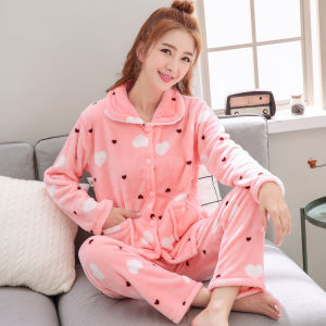 Thick Coral Fleece Sleepwear Womens Open Cardigan Set Home Clothes Plaid round Dot Pattern Sweet Style Long Sleeve Pajamas
