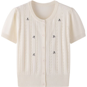 JZZDEMM Womens Short Sleeve Knitted Cardigan Embroidered Small Flower Twist Pattern Gentle Style Summer Fashion Casual Wear
