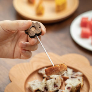 Japanese Style Small Flower Cartoon Stainless Steel Fruit Fork Set Cute Wooden Handle Fruit Sign Mini Cake Fork Kitchen Dining Utensils