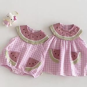 2026 Summer Childrens Clothes Watermelon Collar Baby Bodysuit with Patch Pockets Pink-white Check Girls Dress