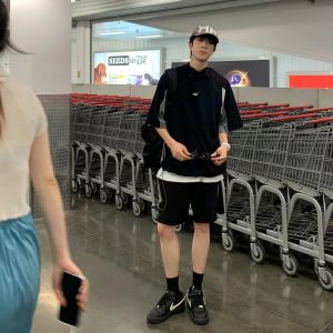 Retro Casual Sports Suit Mens Summer Trendy Loose Color Block Mountain Series Short Sleeve Shorts Quick Dry Training Set