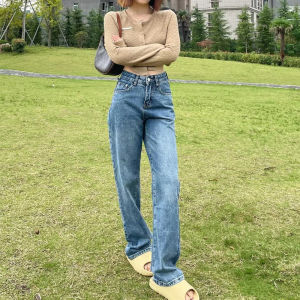 Three12 Early Autumn Soft Cool Retro Blue Straight Cut Versatile Womens Jeans High Waist Long Straight Leg Zipper Closure