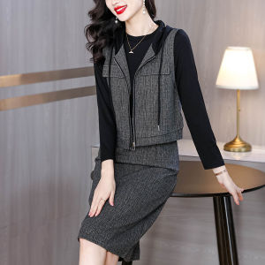 MAIMEI | Chic Hooded Vest Dress Set Long Sleeve Anti-Aging Base Layer Womens Fashion Autumn Winter New Arrival Polyester Fiber Round Neck