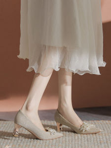 สีแชมเปญ ส้นกลาง ส้นหนา ประกาย Rhinestone เดี่ยว ผู้หญิง รองเท้า เรียบหรู ทันสมัย กลิตเตอร์ หนัง รองเท้าปาร์ตี้