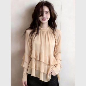 QFN | Elegant Flattering Apricot-colored Ruffle Sleeve Blouse