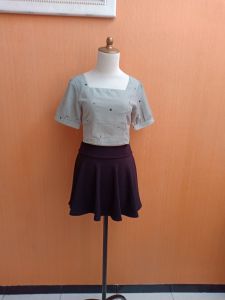 atasan wanita crop top hijau sage motif bunga daun M cewek blouse lengan pendek puff cute belakang karet