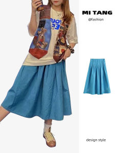 MI TANG High Waist Midi Dress Blue Asphodel Printed Womens Casual Summer Skirt College Style A-Line Leisure Dress