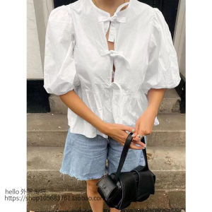 Áo Sơ Mi Cổ Tròn Tay Bồng Thắt Nơ Thời Trang Mùa Hè Áo Sơ Mi Nữ Dáng Rộng Tay Ngắn Màu Trơn Chất Liệu Khác