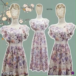 TW19717 Maxi เดรสยาวพิมลาย แขนระบาย ..