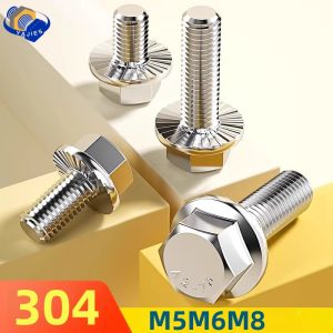 5-10Pcs 304 Stainless Steel Hex Flange Bolts M5 M6 M8/5mm 6mm 8mm A2-70 DIN6921/GB5787 with Serrated Washer Hex Head Cap Screws