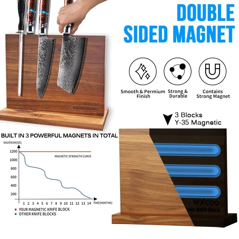 WXCOO Kitchen Holder Acacia Wooden Long Magnetic Knife Block Kitchen ...