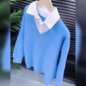 Stylish Chic Shirt Collar Faux Two-Piece Long Sleeve Knitwear