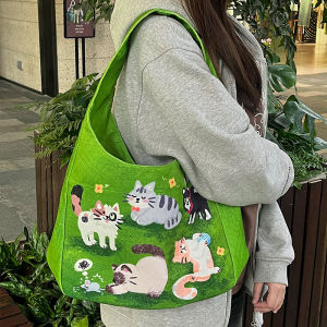 Casual Printed Canvas Tote Bag Original Small Dog Single Shoulder Handbag Large Capacity for Daily Commuting