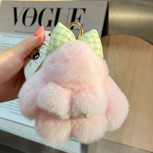 Adorable Real Rabbit Fur Bow Tie Mini Rabbit Car Keychain Pendant Cute Plush Doll Bag Hanging Decoration by Qiu Ruixing