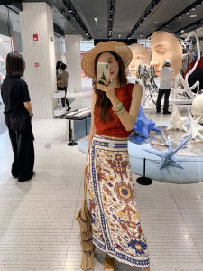 French Vintage Geometric Print One-Piece Halter Neck Midi Dress Womens Lightweight Ethnic Style Skirt Luxury Travel Outfit