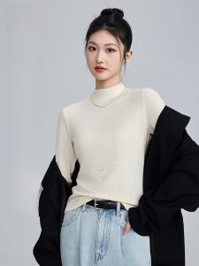 MiiOW | Womens Long Sleeve Knitted Base Shirt Half High Collar Slim Fit Shoulder T-Shirt Autumn Winter Vertical Stripe Tight Inner Wear Top