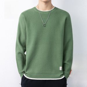 ROMON | Lomond Mens Faux Two-Piece Sweater Winter Thickened Fleece Base Layer Knitted Shirt Trendy Youth Casual Comfortable Long Sleeve