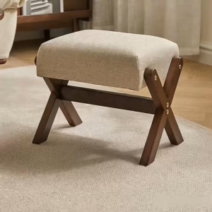 Singapore Spot Market Stackable Wooden Foot Stool with Linen Cushion - Stable X-Leg Ottoman for Extra Seating