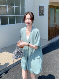 Elegant Thin Fashion Set Womens Summer Casual Slimming Short plus Size Two-Piece Suit Polyester Fiber round Neck Button Closure