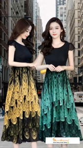 Váy đầm dài cổ tròn ngắn tay maxi in đuôi công GLV152 Cuocsongvang