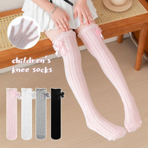 Childrens Girls Knee High Long Socks Soild Color Japanese Princess Bow Calf Socks Spring Summer Breathable Kids Stockings 3-8Y