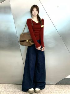 กางเกงยีนส์ทรงตรงขากว้างสีน้ำเงินอ่อนเอวสูงยาวถึงพื้นสำหรับผู้หญิง กางเกงขายาวทรงหลวมสไตล์อเมริกัน ทรงหลวม สีน้ำเงินอ่อน กางเกงยีนส์