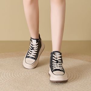 Leather High Top Casual Shoes Womens 2025 New Spring Autumn Heightening Platform Thick Bottom White Sneakers British Style Short Boots