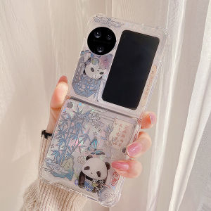 เคสโทรศัพท์พับลายแพนด้าในสวนเส้น ป้องกันการตกหล่น ดีไซน์น่ารัก เปลือกโทรศัพท์แบบพกพา ป้องกันการตกหล่น 2 ชั้น สำหรับ Oppo Find N3 Flip Samsung ZFlip5 ZFlip4 Vivo X Flip